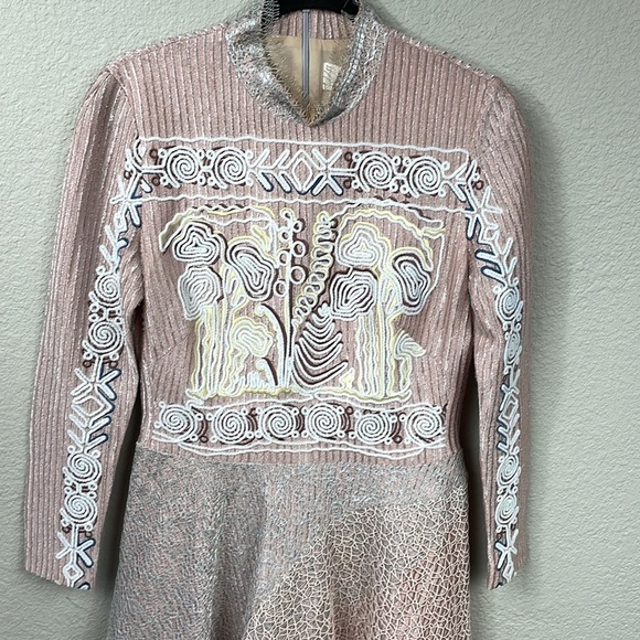 Peter Pilotto Embroidered Mesh Net Overlay Long Sleeve Asymmetric Dress Sz 10 - Picture 3 of 13